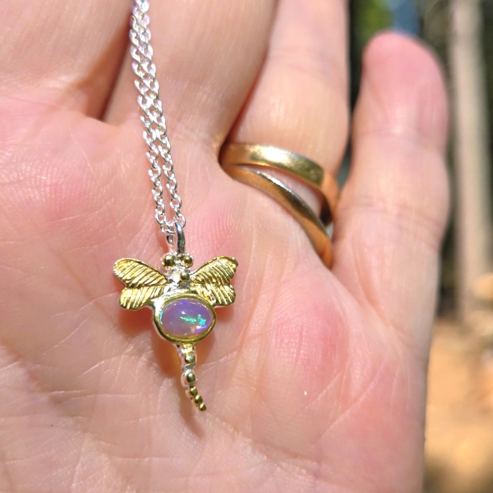 Opal 2k Natural Silver & Gold Dragonfly Necklace 18" - Picture 6 of 9